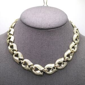 Vintage Gold Tone Necklace, Textured Links, Hook Clasp, 1950s, 16 Inch